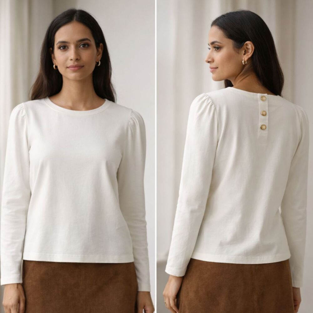 J. Crew Puff Sleeve Button Back Top Ivory Cotton Long Sleeve Blouse CA965 Spring